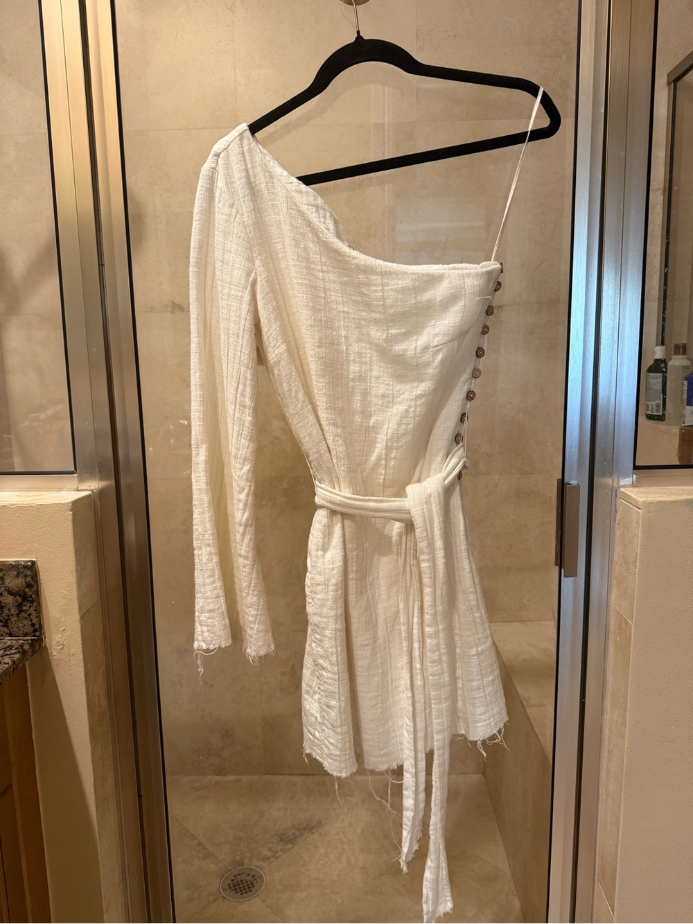 Free People One-Shoulder White Textured Mini Dress with Belt